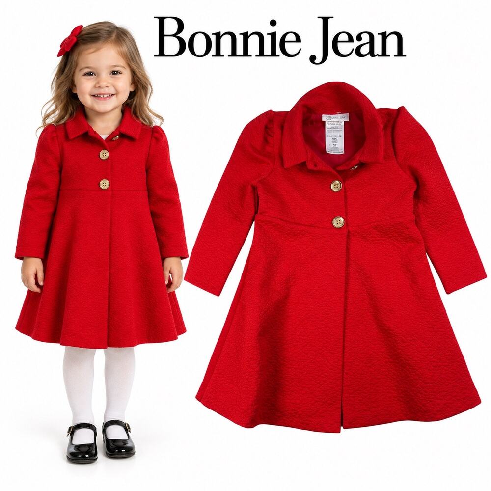 Bonnie Jean Girls 3T Red Textured Dress Coat Gold Buttons NWT